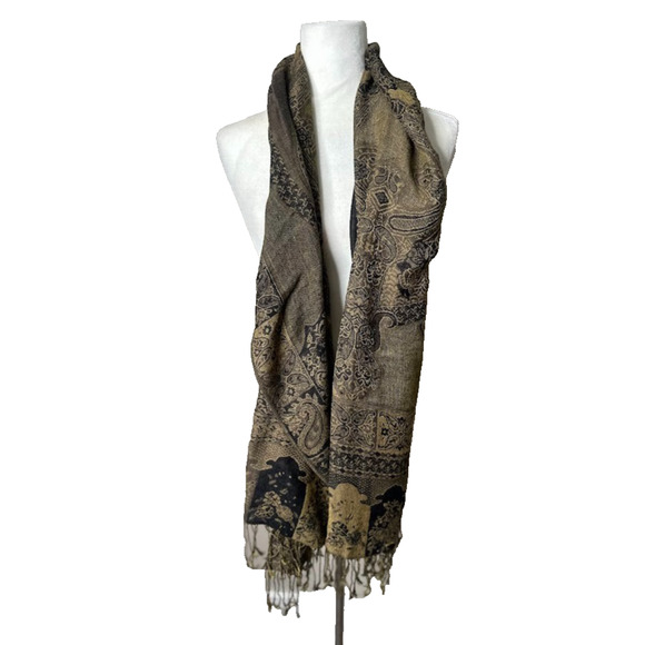 Pashmina Silk Pashmina Blend Gold Black Paisley Shawl Wrap Scarf 27 X 74 Fringe - Picture 1 of 9